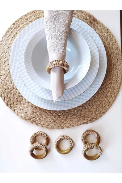 12'li Vintage Makrome Ahşap Halka Peçete Yüzüğü Peçetelik Peçete Halkası Hediyelik Çeyizlik - 4