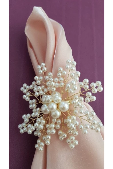 Şampanya Renk Incili Kartanesi Peçete Yüzüğü Halkası 8 Adet - 5