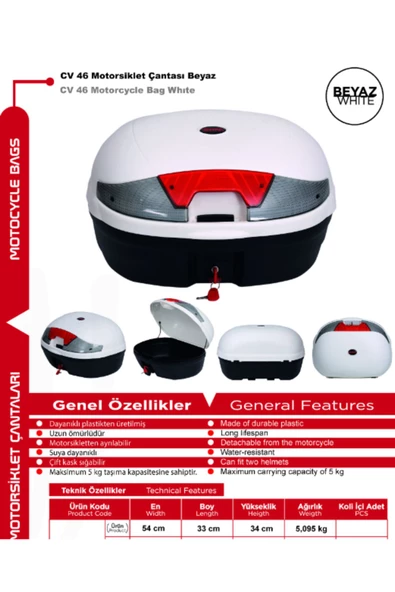 Motorsiklet Arka Çanta 46 Litre Beyaz - Resim 6