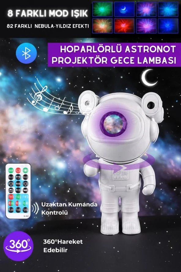 Hoparlörlü 360 Dönebilen Astronot Gece Lambası Uzay Projektör Cihazı Masa Ev Çocuk Oda Dekorasyonu