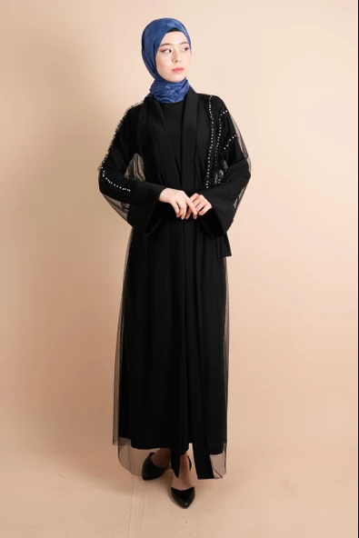 2 li Abaya Ön 3 İnci Çizgili Abiye Tül Abiye Siyah