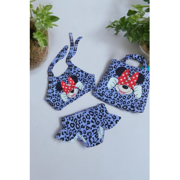 Lila Kız Çocuk Leopar Desenli Minnie Mouse Karakter Baskılı Bikini Kız Çocuk Plaj Çantalı Bikini