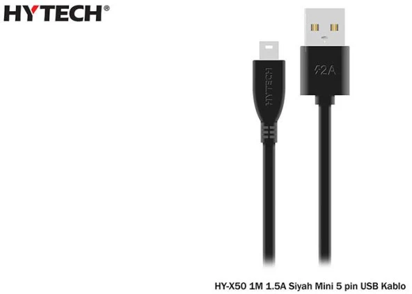 Hytech HY-X50 Usb Mini 5pin 1M 1.5A Siyah Şarj Kablosu Poşetli