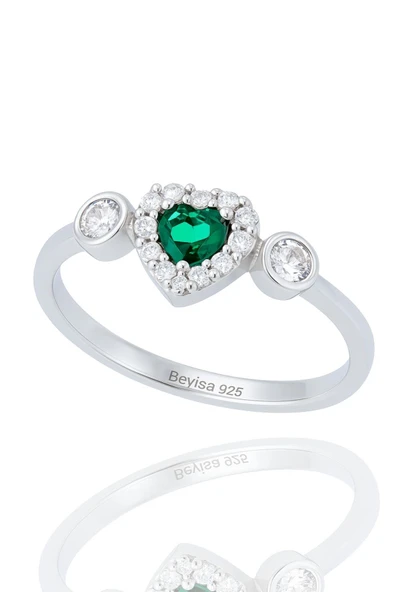 Minera Serisi Yeşil Yeşim Zirkon Taşlı Kalp Gümüş Kadın Yüzük