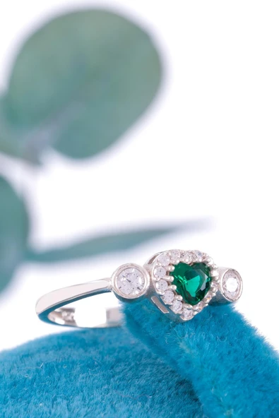 Minera Serisi Yeşil Yeşim Zirkon Taşlı Kalp Gümüş Kadın Yüzük - 5
