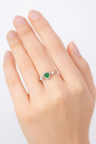 Minera Serisi Yeşil Yeşim Zirkon Taşlı Kalp Gümüş Kadın Yüzük - 3