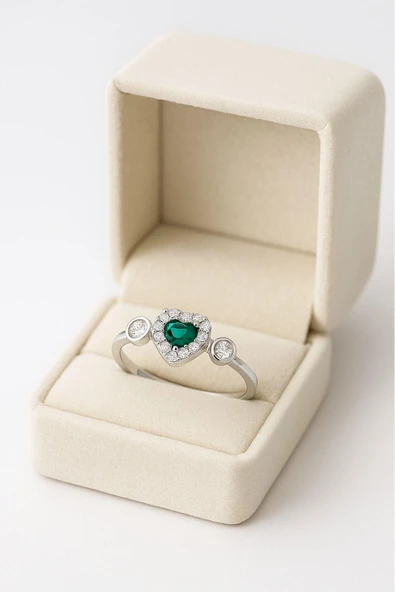 Minera Serisi Yeşil Yeşim Zirkon Taşlı Kalp Gümüş Kadın Yüzük - 2