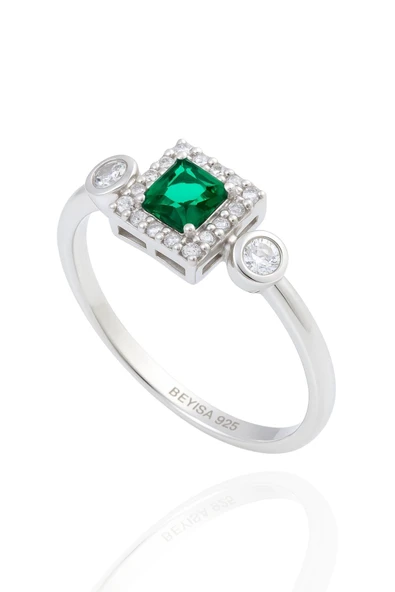 Minera Serisi Zirkon Yeşim Taşlı Kare Gümüş Kadın Yüzük