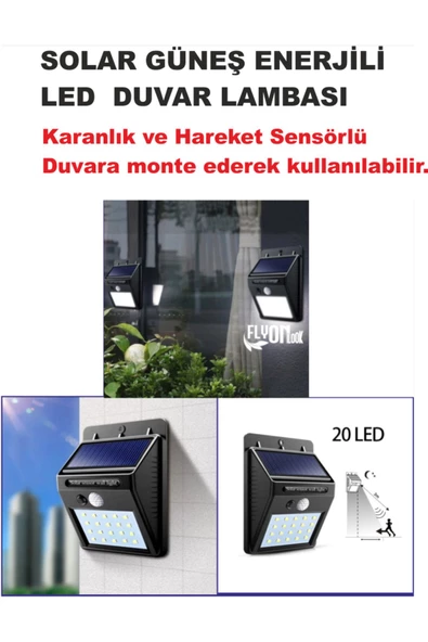 Solar Güneş Enerjili Bahçe,Teras,Balkon,Dış Mekan Sensör 20 SMD LED Beyaz Işık Aydınlatma Fener