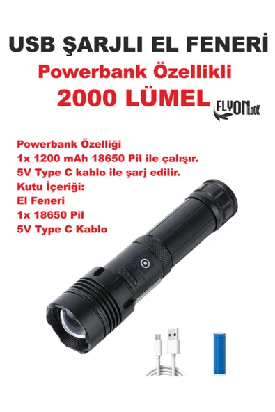 Ultra Güçlü Powerbank Özellikli 2000 Lümel El Feneri Zoom Özellik Şarj Gösterge Hızlı Dolum Deprem - 2