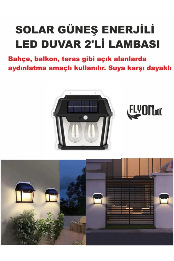 Solar Güneş Enerjili Bahçe,Teras,Balkon,Dış Mekan Sensör Kademeli 2'Lİ Filament Led Aydınlatma Fener