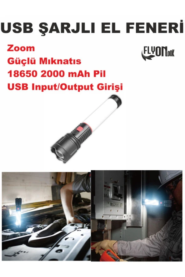 Şajlı El Feneri Çok Fonksiyonlu Fener Hem Ortam Aydınlatma ve Kırmızı Mavi Flaşör Lamba Mıknatıslı - 3