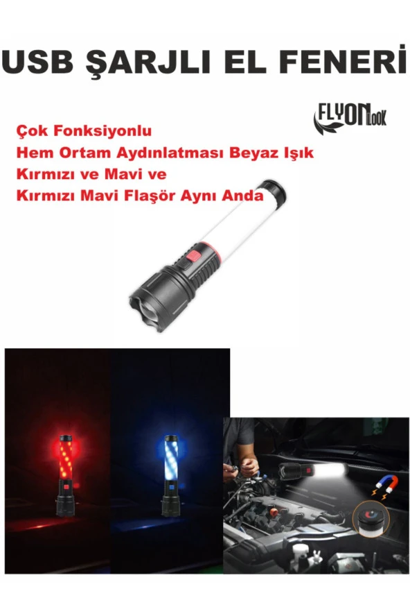 Şajlı El Feneri Çok Fonksiyonlu Fener Hem Ortam Aydınlatma ve Kırmızı Mavi Flaşör Lamba Mıknatıslı - 4