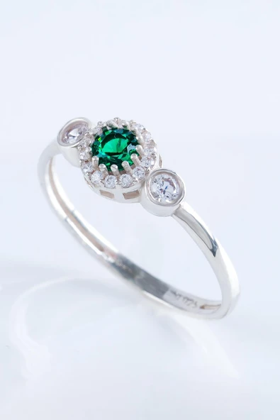 Minera Serisi Zirkon Yeşim Taşlı Yuvarlak Gümüş Kadın Yüzük - 4