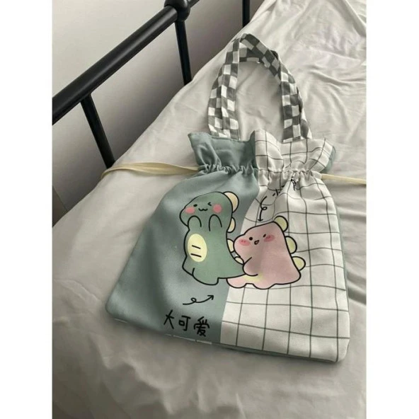 Cute Dinozor Kawaii Büzgülü Bez Çanta - 2