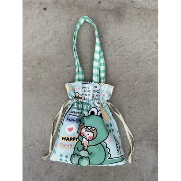 Dino Girl Kawaii Büzgülü Bez Çanta