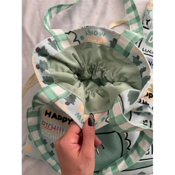 Dino Girl Kawaii Büzgülü Bez Çanta - 2