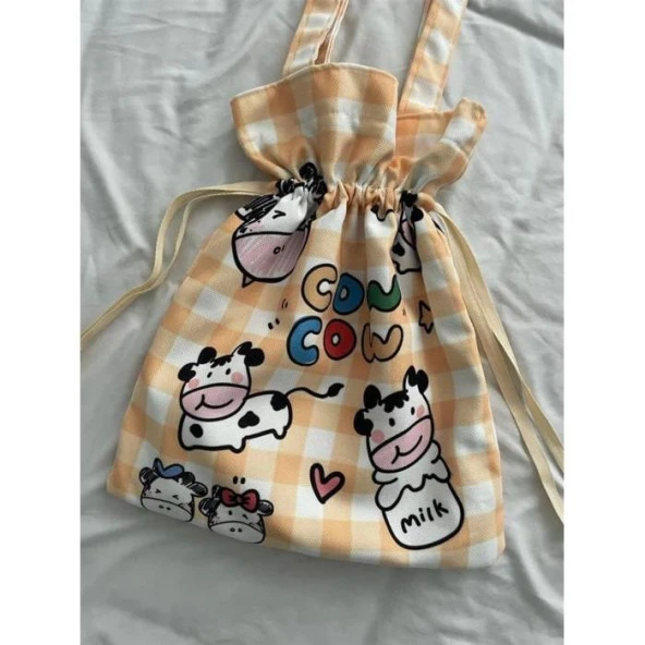 Cow Cow Milk Kawaii Büzgülü Bez Çanta - 3