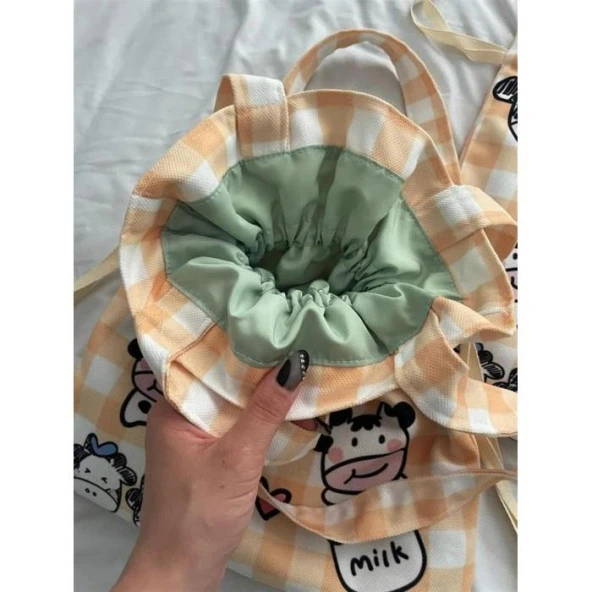 Cow Cow Milk Kawaii Büzgülü Bez Çanta - 4