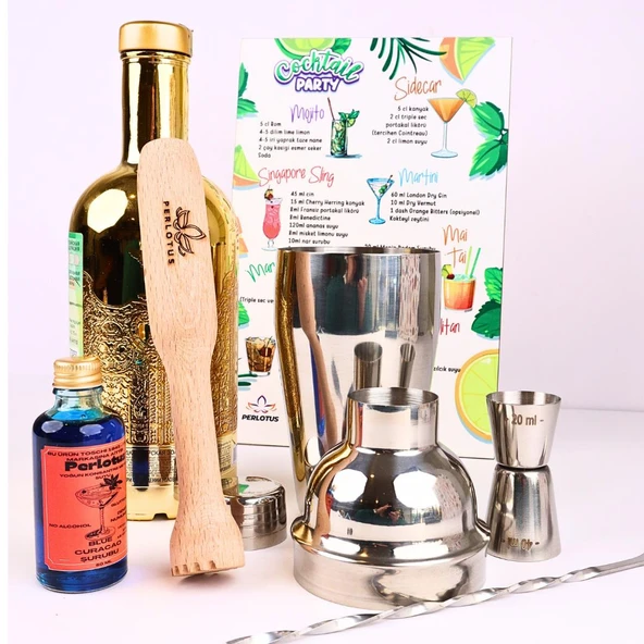Perlotus Kokteyl Shaker Jigger Mojito Tokmak Bar Kaşığı Kokteyl Tarifleri Blue Curacao Kokteyl Seti