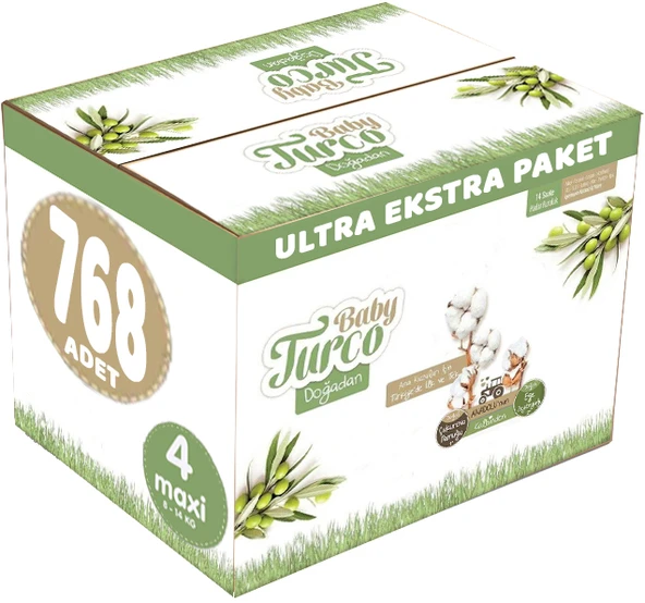 Baby Turco Bebek Bezi Doğadan Beden:4 (8-14Kg) Maxi 768 Adet Ultra Ekstra Pk