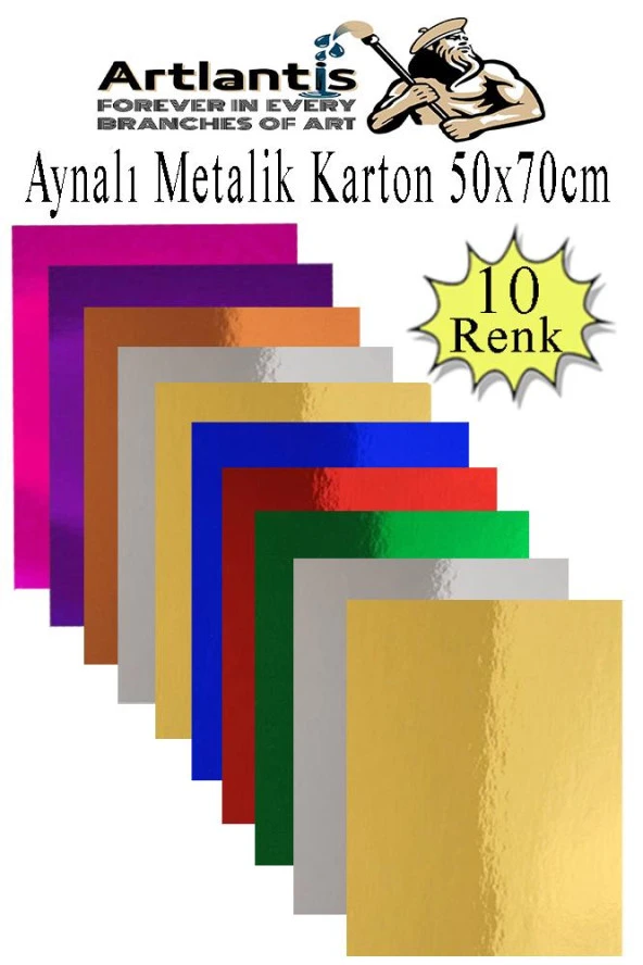 Metalik Aynalı Fon Kartonu 10 Renk 50x70 cm 1 Paket Okul Sınıf Dekoratif Pırıltılı Folyo Kağıt