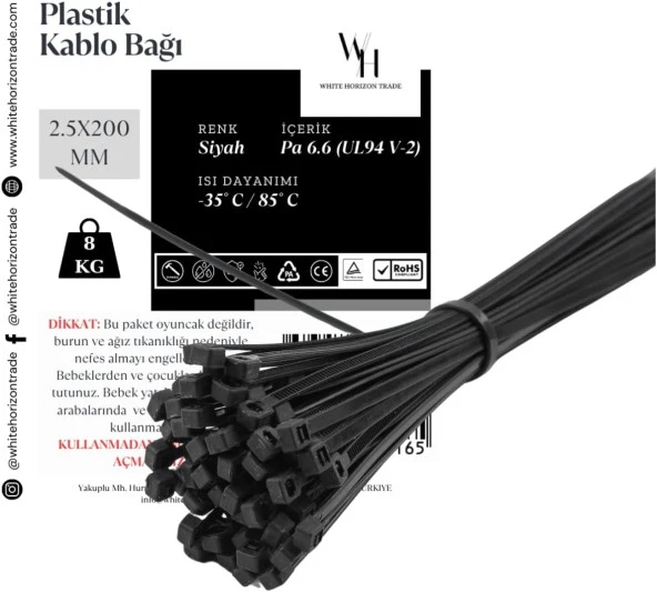Plastik Kablo Bağı [Kelepçe/Cırt] 2.5 x 200 mm 100 Adet