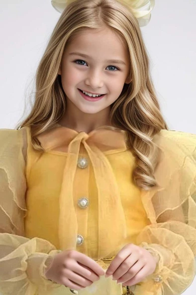 Kız Çocuk Boydan Düğmelei Transparan Detaylı Sarı Etekli Takım - Resim 2