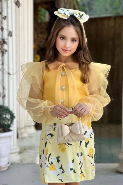 Kız Çocuk Boydan Düğmelei Transparan Detaylı Sarı Etekli Takım - Resim 4
