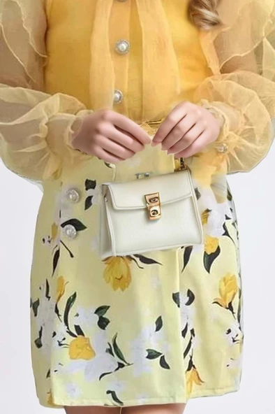 Kız Çocuk Boydan Düğmelei Transparan Detaylı Sarı Etekli Takım - Resim 3