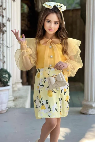 Kız Çocuk Boydan Düğmelei Transparan Detaylı Sarı Etekli Takım - Resim 6