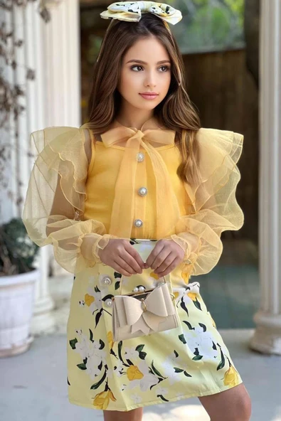 Kız Çocuk Boydan Düğmelei Transparan Detaylı Sarı Etekli Takım - Resim 7