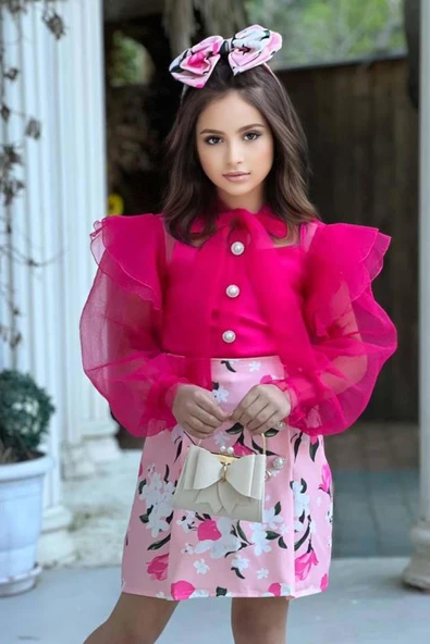 Kız Çocuk Boydan Düğmelei Transparan Detaylı Fuşya Etekli Takım - Resim 4