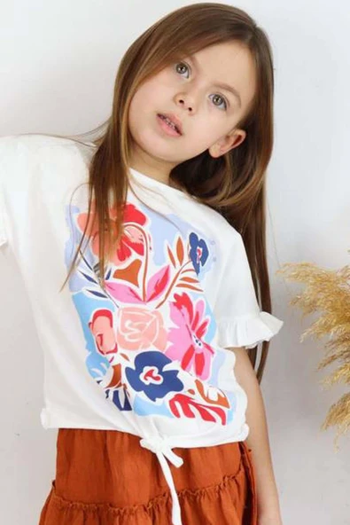 Kız Çocuk Çiçek Baskılı Fıfır Detaylı Kiremit Etekli Takım - Resim 2