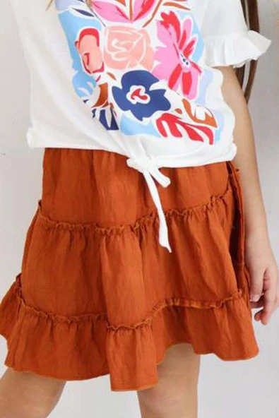 Kız Çocuk Çiçek Baskılı Fıfır Detaylı Kiremit Etekli Takım - Resim 3