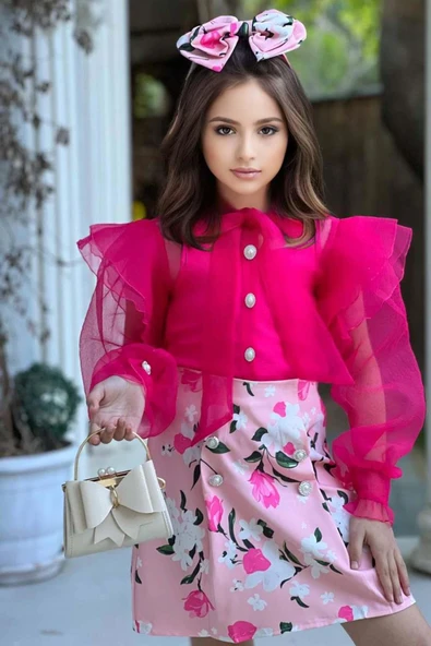 Kız Çocuk Boydan Düğmelei Transparan Detaylı Fuşya Etekli Takım - Resim 7