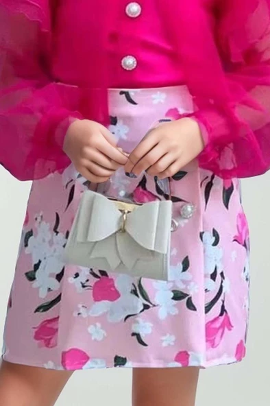 Kız Çocuk Boydan Düğmelei Transparan Detaylı Fuşya Etekli Takım - Resim 3