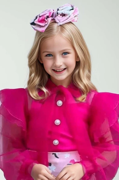 Kız Çocuk Boydan Düğmelei Transparan Detaylı Fuşya Etekli Takım - Resim 2