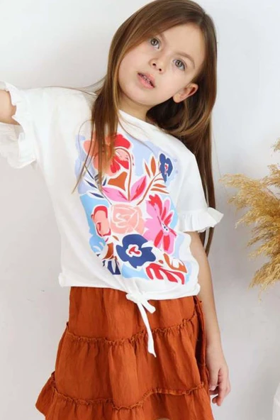 Kız Çocuk Çiçek Baskılı Fıfır Detaylı Kiremit Etekli Takım - Resim 4