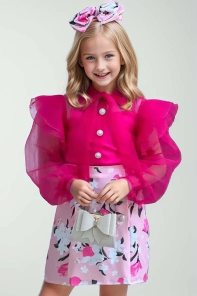 Kız Çocuk Boydan Düğmelei Transparan Detaylı Fuşya Etekli Takım ürün görseli