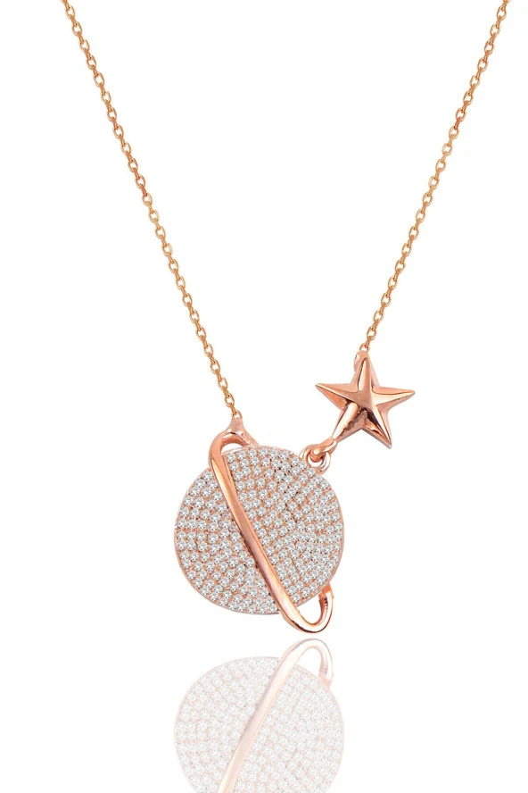 Gümüş rose zirkon taşlı satürn gezegen kolye SGTL12512BEYAZ ürün görseli
