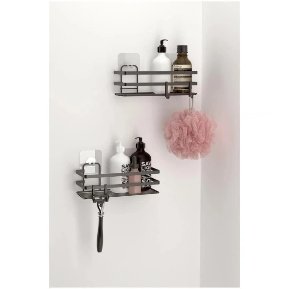 Tekno Tel ST-281 Yapışkanlı Kancalı 2 Adet Düz Banyo Rafı Siyah