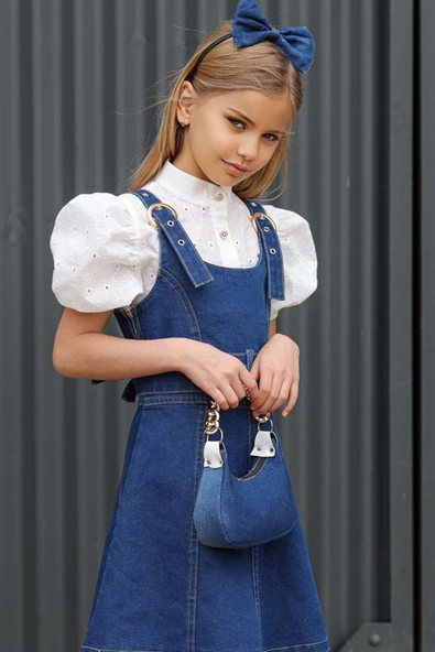 Kız Çocuk Dokuma İşlemeli Gömlek ve Askı Detaylı Jean Mavi Elbise - 8