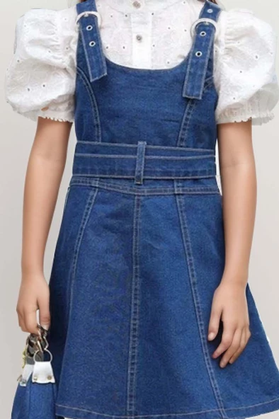 Kız Çocuk Dokuma İşlemeli Gömlek ve Askı Detaylı Jean Mavi Elbise - 2