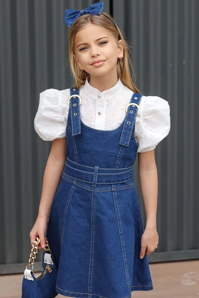Kız Çocuk Dokuma İşlemeli Gömlek ve Askı Detaylı Jean Mavi Elbise - 6