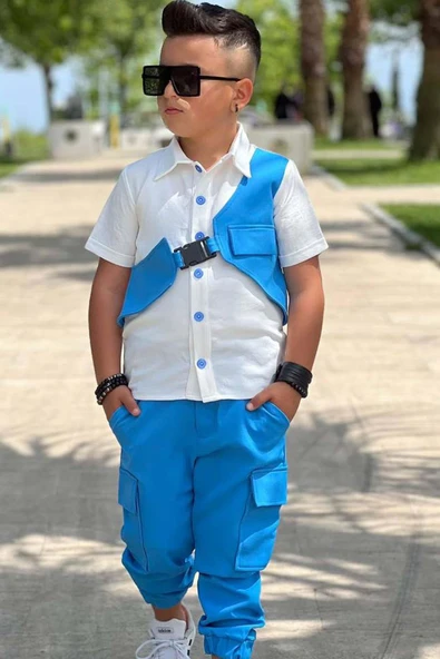 Erkek Çocuk Boydan Düğmeli Gömlek  ve Kargo Cepli Mavi Alt Üst Takım - Resim 3