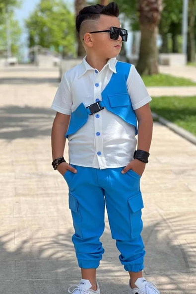 Erkek Çocuk Boydan Düğmeli Gömlek  ve Kargo Cepli Mavi Alt Üst Takım - Resim 2