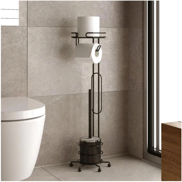 Tekno Tel MG-096 Ayaklı Yedekli Wc Kağıtlık + Klozet Fırçalık Siyah - 3