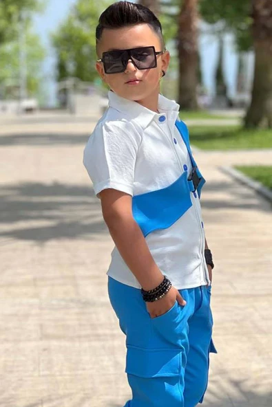 Erkek Çocuk Boydan Düğmeli Gömlek  ve Kargo Cepli Mavi Alt Üst Takım - 4