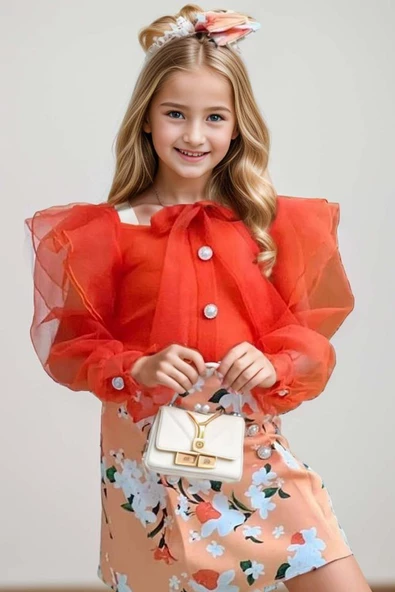 Kız Çocuk Boydan Düğmelei Transparan Detaylı Turuncu Etekli Takım ürün görseli